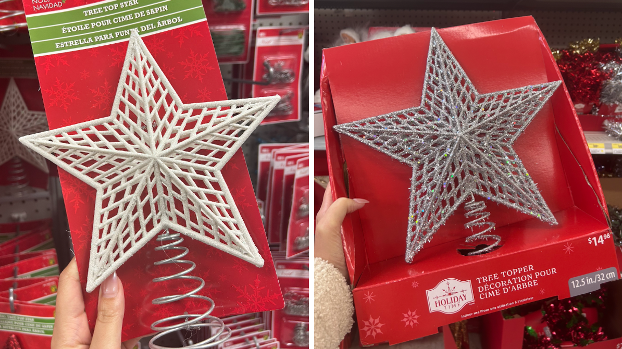 Étoile de sapin de Noël blanche et scintillantes au Dollarama. Droite : Étoile de sapin de Noël argentée et scintillantes au Walmart.