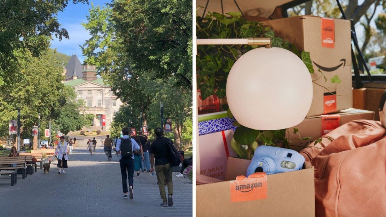 Étudiants sur le campus de l'Université McGill à Montréal. Droite : Boîtes Amazon.