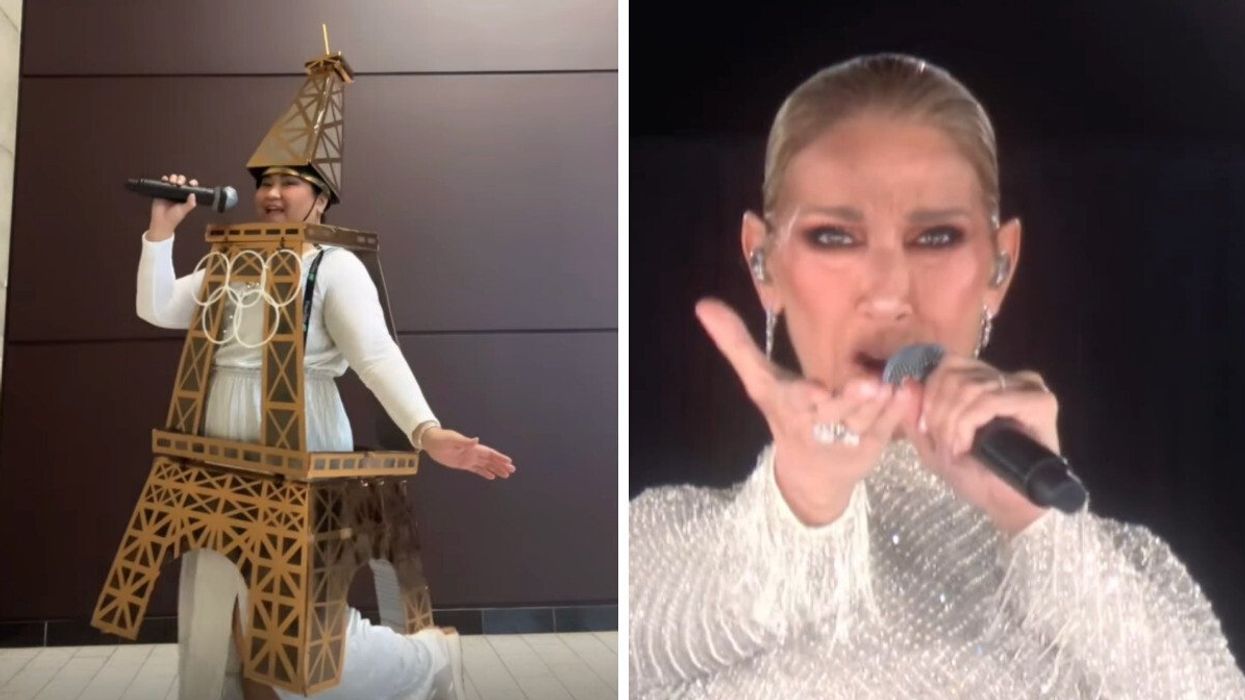 Evelyn dans son costume de Céline Dion dans la tour Eiffel. Droite : Céline Dion aux Jeux olympiques de Paris.