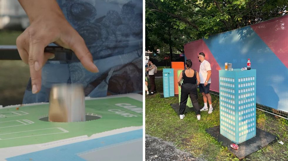 Extrait d'une vid\u00e9o promotionnelle d'Osheaga sur la disposition des d\u00e9chets. Droite : Une poubelle d'Osheaga d\u00e9bordant de d\u00e9chets.