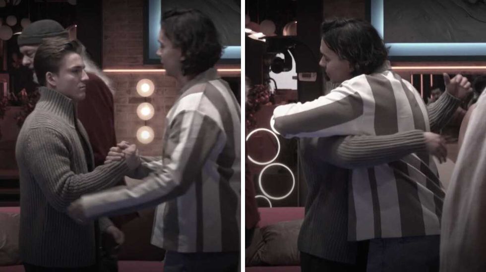 F\u00e9lix Dolci et William Cloutier se font une accolade lors de son d\u00e9part de Big Brother C\u00e9l\u00e9brit\u00e9s.