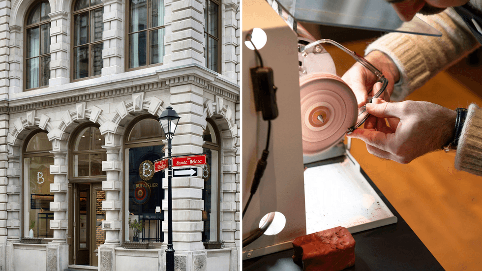 Fa\u00e7ade d\u2019une boutique de lunettes situ\u00e9e dans un immeuble patrimonial du Vieux-Montr\u00e9al. Droite: Technicien ajustant et polissant une monture de lunettes en atelier.