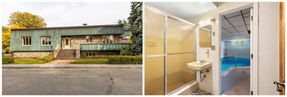 Fa\u00e7ade d'une maison de plain-pied. Droite : Une salle de bain et la piscine int\u00e9reure d'une maison de plain-pied \u00e0 vendre.