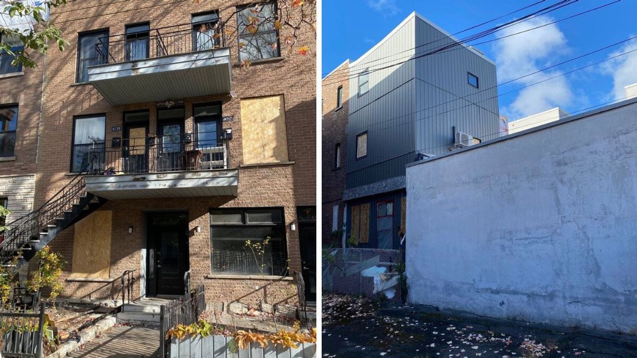 Façade avant d'un plex à vendre à Montréal. Droite : Façade arrière d'un plex à vendre à Montréal.