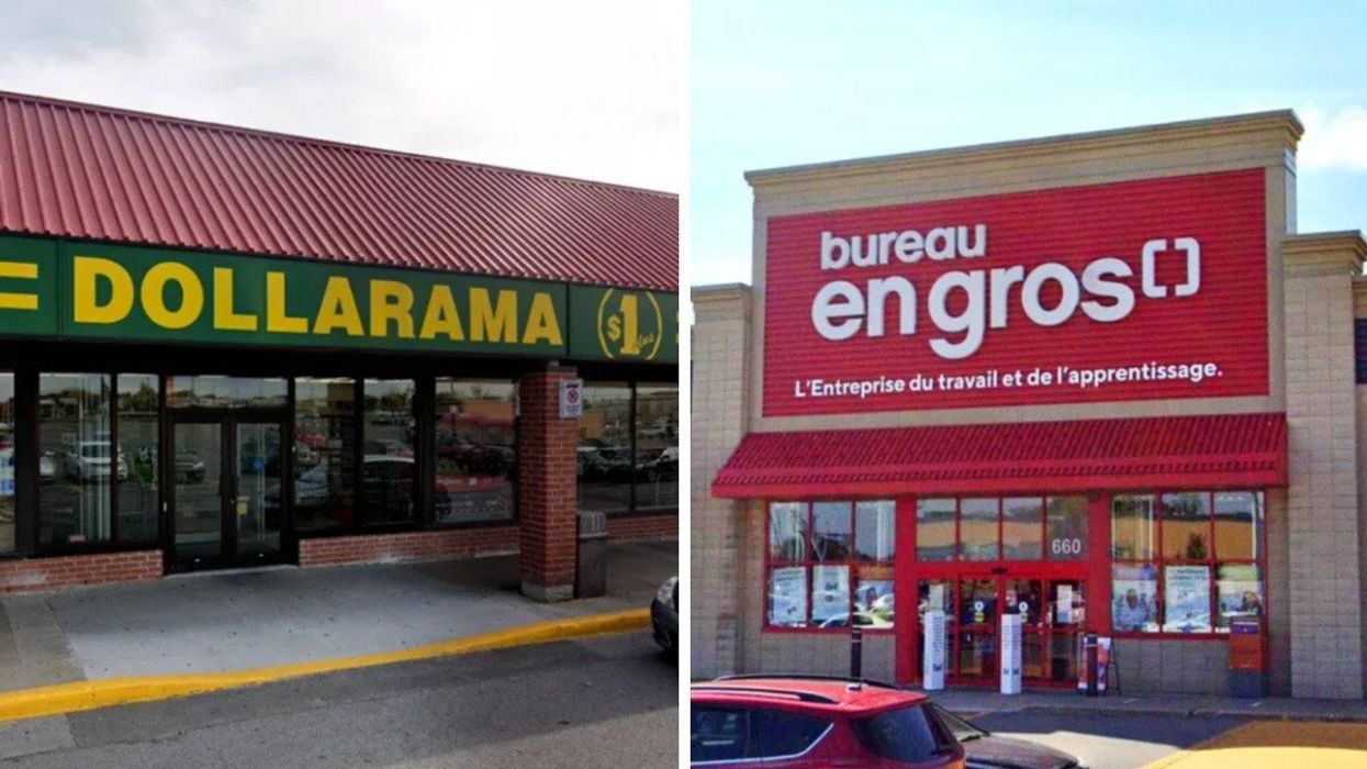 Façade d'un Bureau en Gros. Droite : Façade d'un Dollarama.