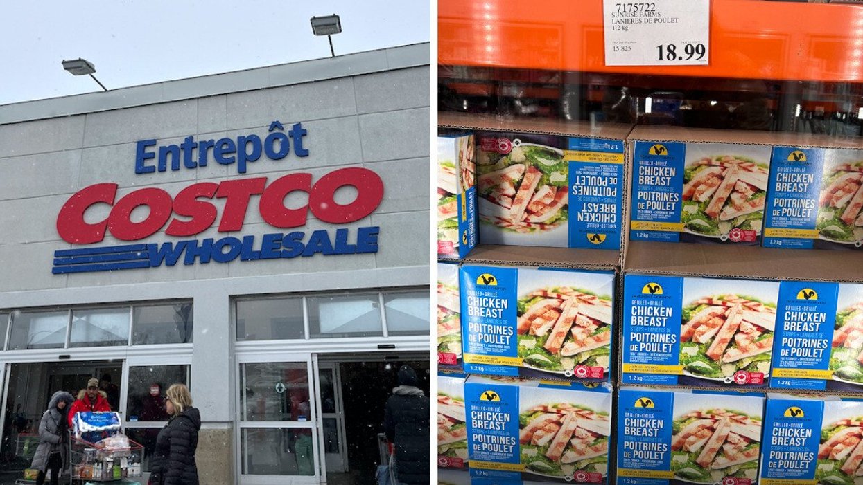 Façade d'un Costco au Québec avec des gens à l'extérieur. Droite : Un étalage de boites contenant les lanières de poulet de la marque Sunrise Farms.