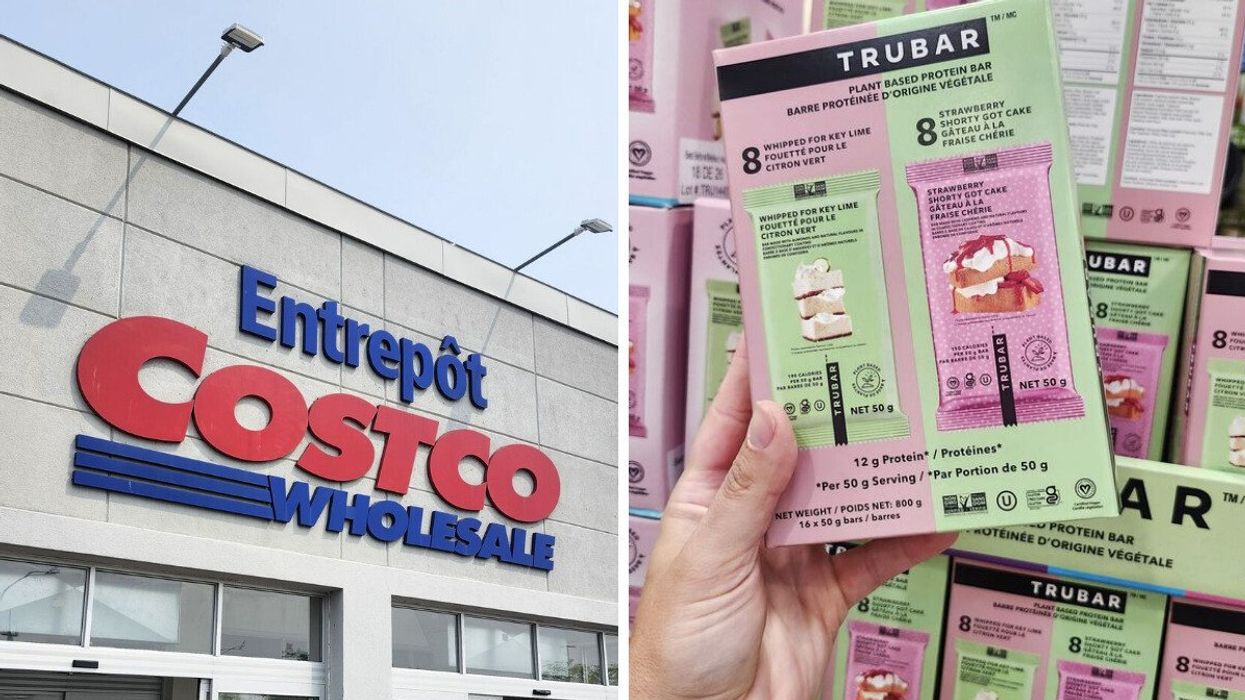 Façade d'un Costco. Droite : Barre protéinées TRUBAR.
