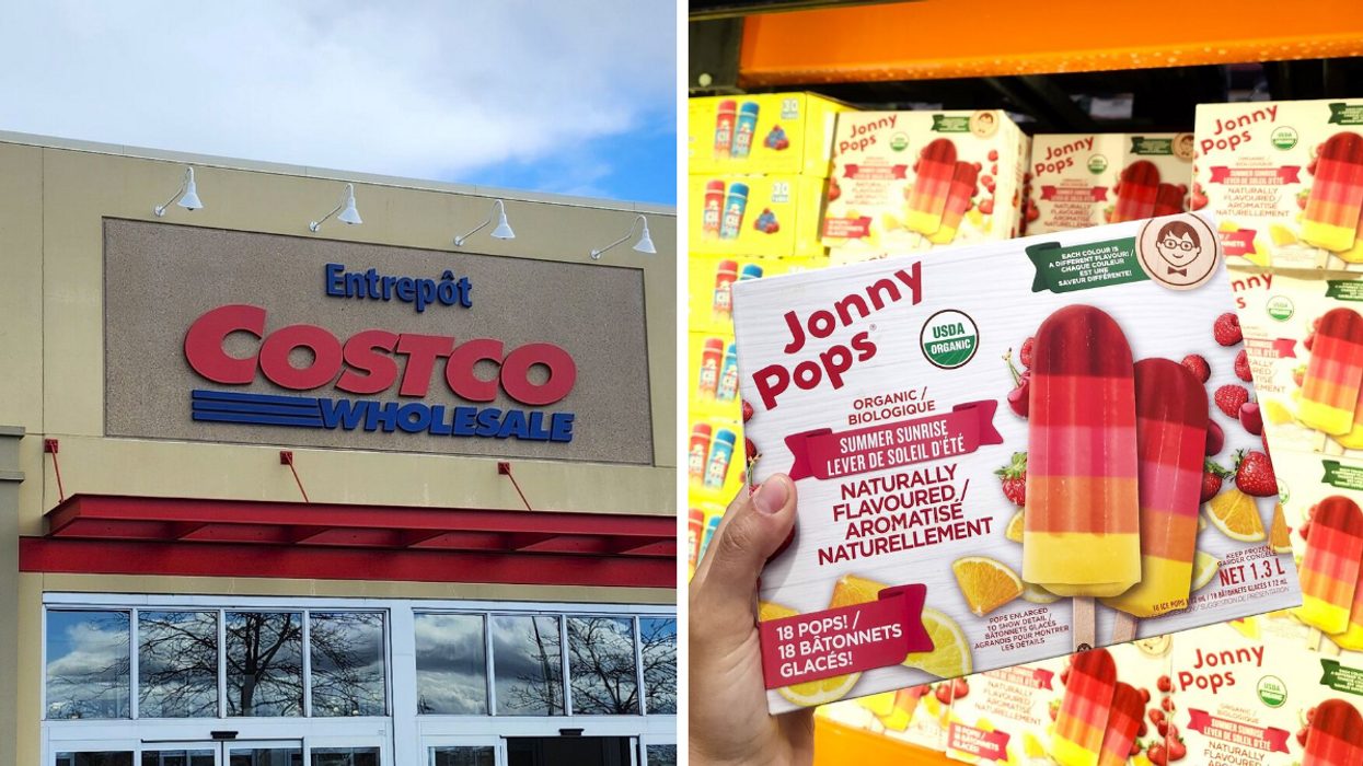 Façade d'un Costco. Droite : Bâtonnets glacés Jonny Pop's.
