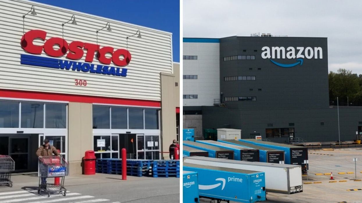Façade d'un Costco. Droite : Façade d'une bâtisse Amazon.