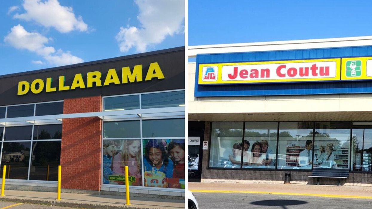 Façade d'un Dollarama. Droite : Façade d'un Jean Coutu.