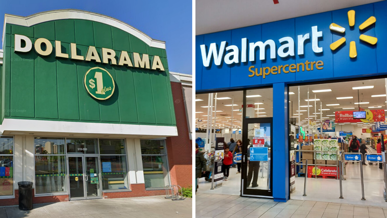Façade d'un Dollarama. Droite : Façade d'un Walmart.
