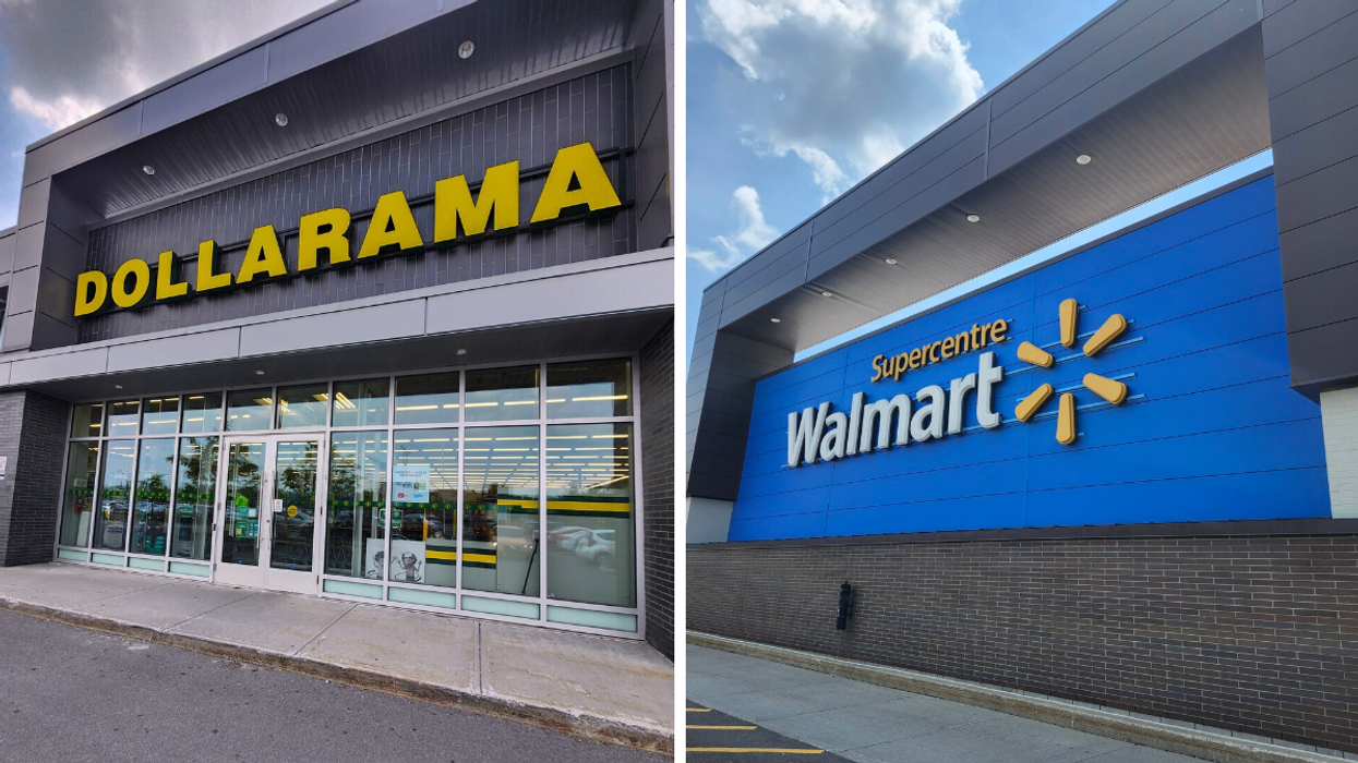 Façade d'un Dollarama. Droite : Façade d'un Walmart.
