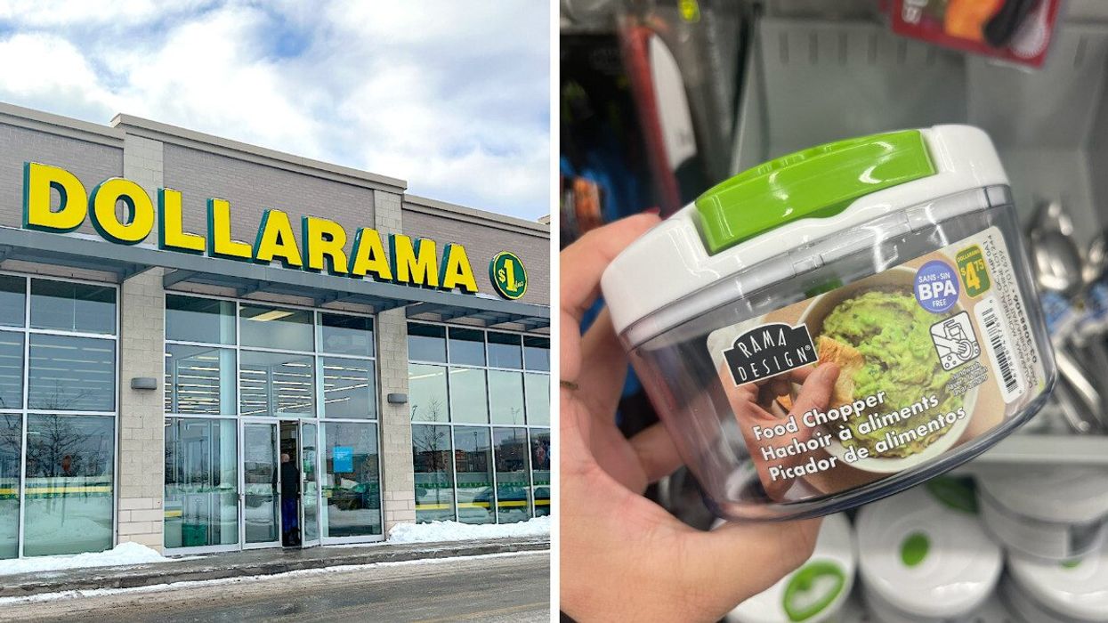 Façade d'un Dollarama. Droite : Hachoirs à aliments.