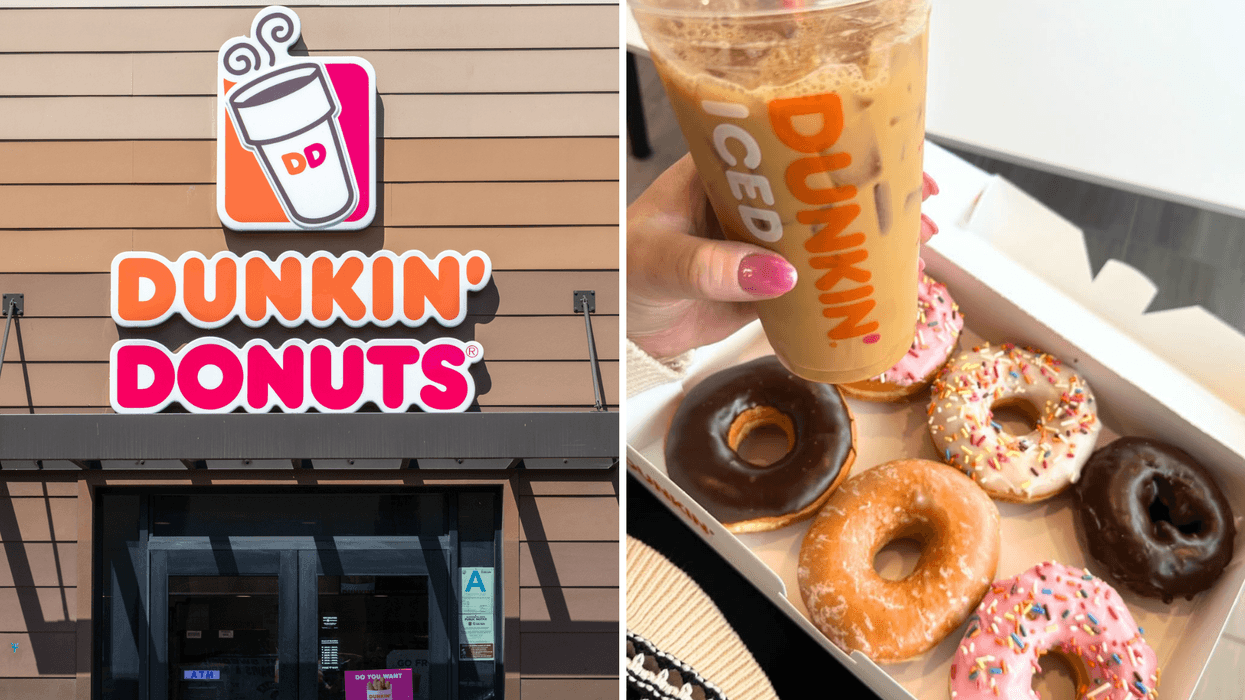 Façade d'un Dunkin' Donuts. Droite : Un café glacé et des beignes du Dunkin'.