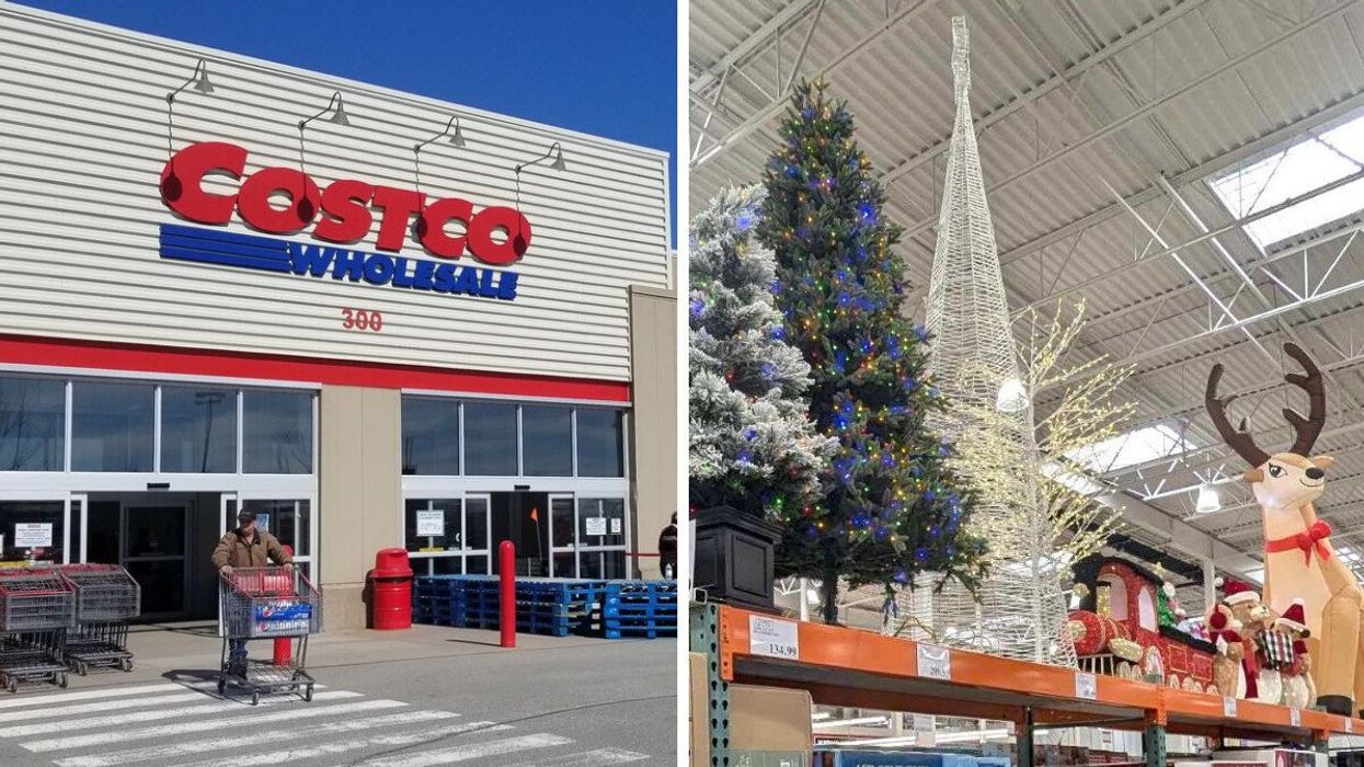Façade d'un entrepôt Costco. Droite : Décorations de Noël vendues au Costco.