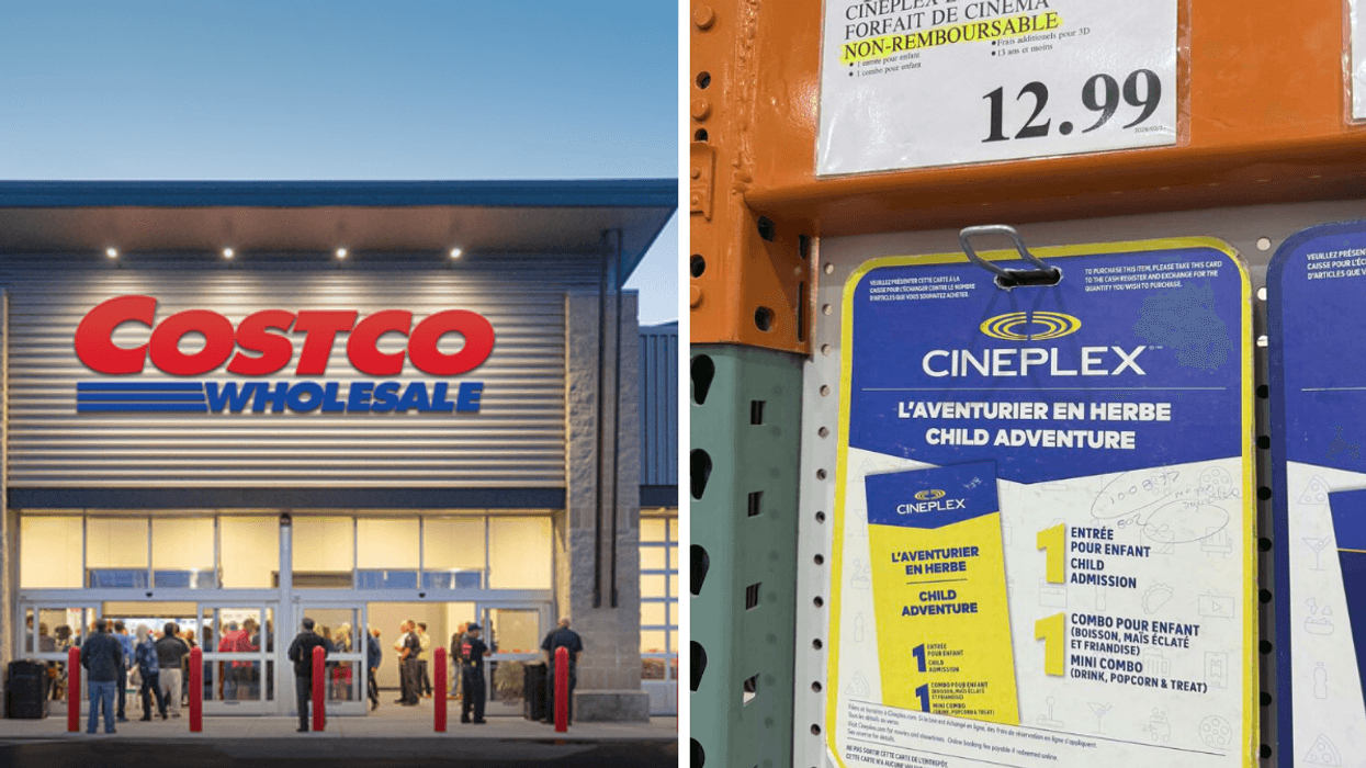 Façade d'un Entrepôt Costco. Droite : Forfait pour enfant dans les cinémas Cineplex en vente chez Costco.