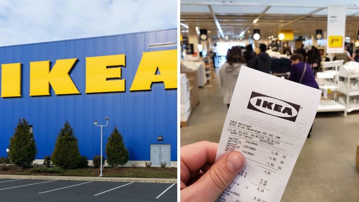 Façade d'un IKEA. Droite : Facture IKEA"