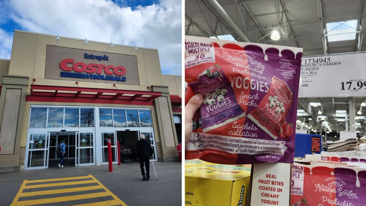 Façade d'un magasin Costco. Droite: Sac de collation de bouchées de fruits et yogourt