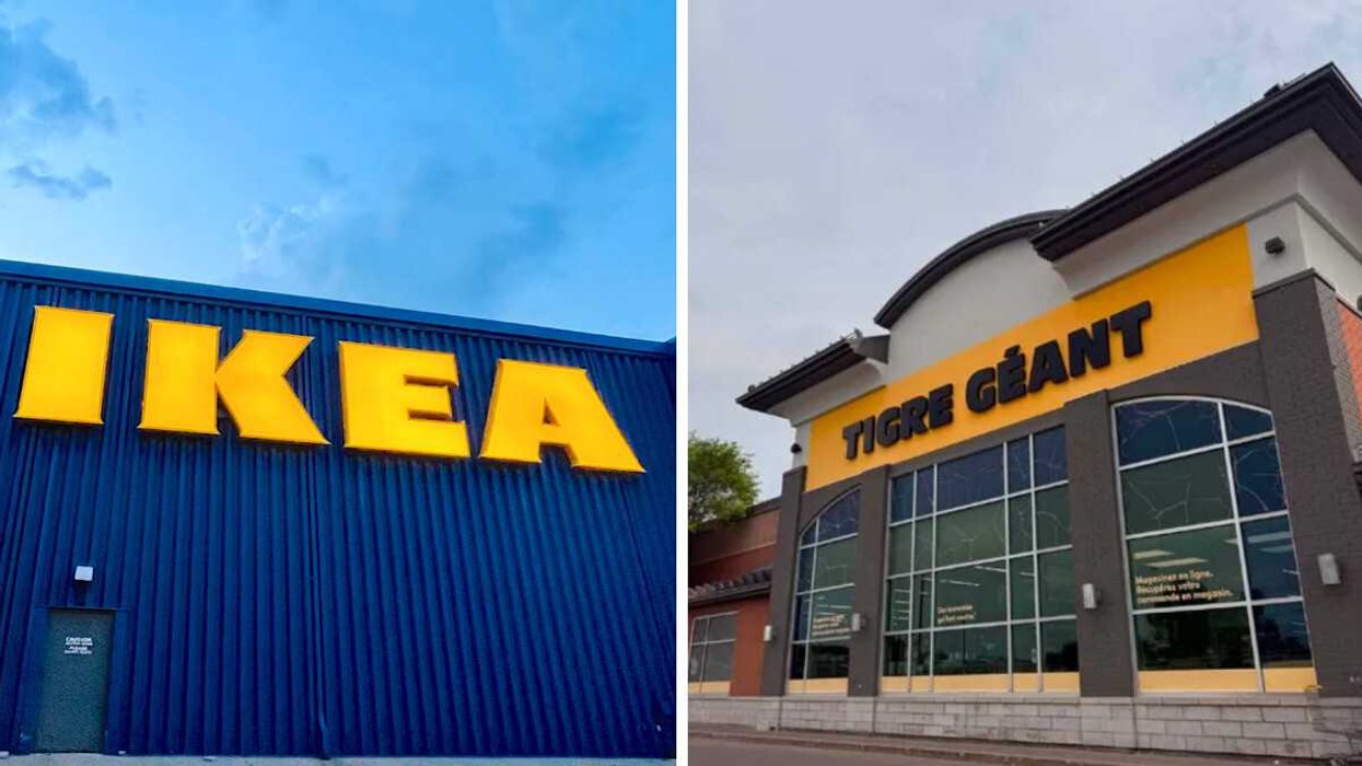 Façade d'un magasin Ikea. Droite : Façade d'un magasin Tigre Géant.
