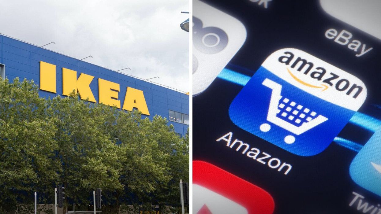 Façade d'un magasin IKEA. Droite : Logo de l'application Amazon.