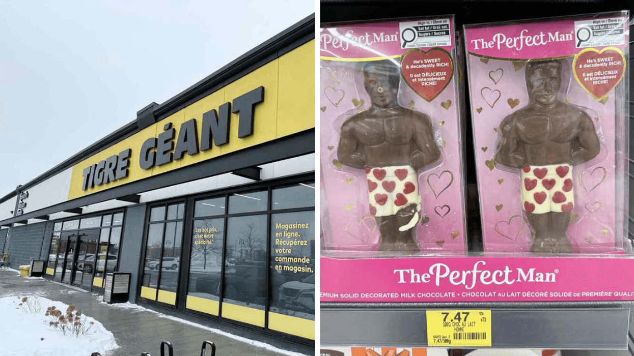 Façade d'un magasin Tigre Géant. Droite : Chocolats au lait The Perfect Man vendus au Tigre Géant pour 7,47 $.