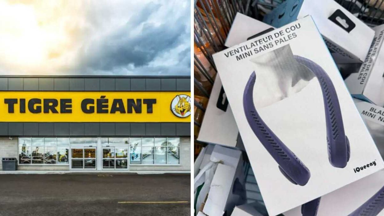 Façade d'un magasin Tigre Géant. Droite : Ventilateur de cou en vente au Tigre Géant pour 10 $.