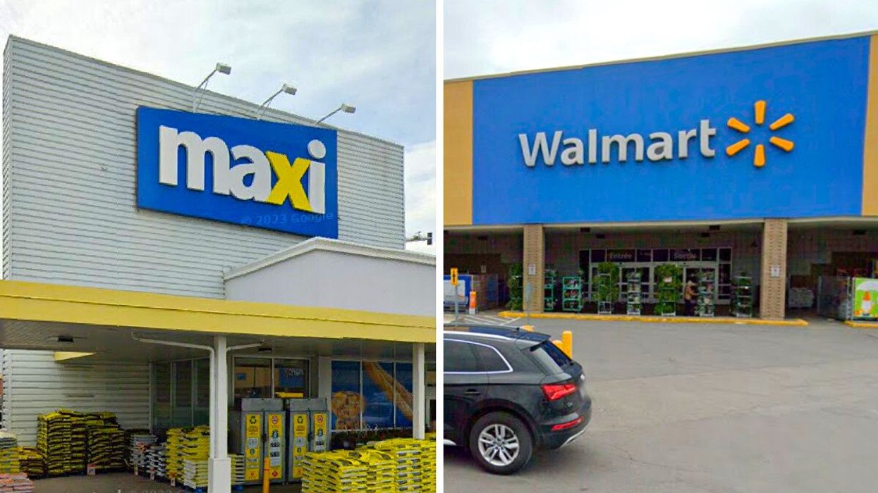 façade d'un Maxi à Dorval. droite façade d'un Walmart à Dorval avec une voiture noire qui passe devant.