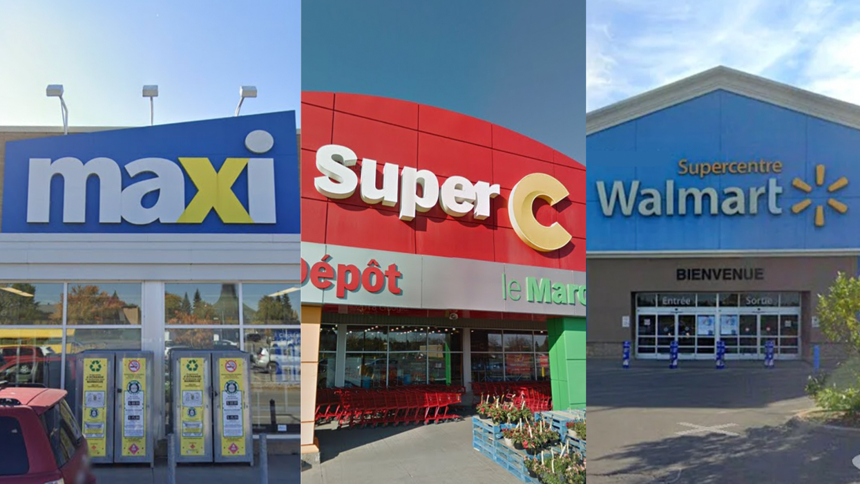 Façade d'un Super C. Centre : Façade d'un Maxi. Droite : Façade d'un Walmart.