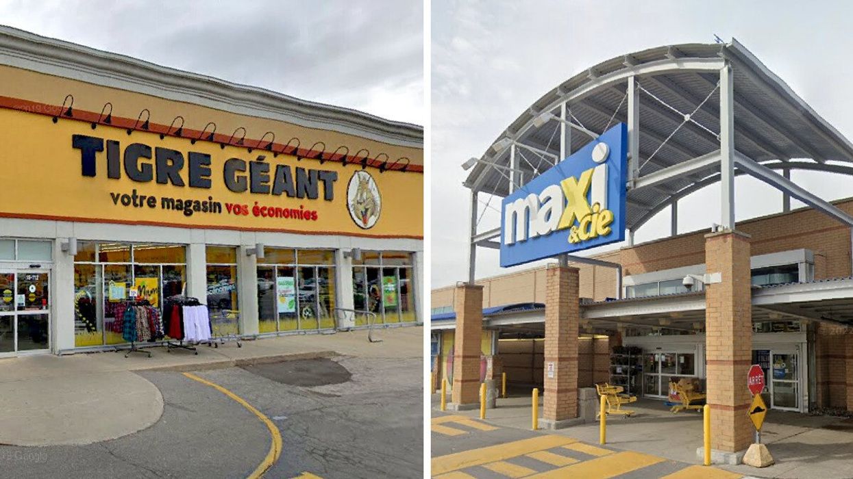 Façade d'un Tigre Géant avec l'enseigne jaune et noire. Droite : Façade d'un Maxi avec l'enseigne bleue et jaune.