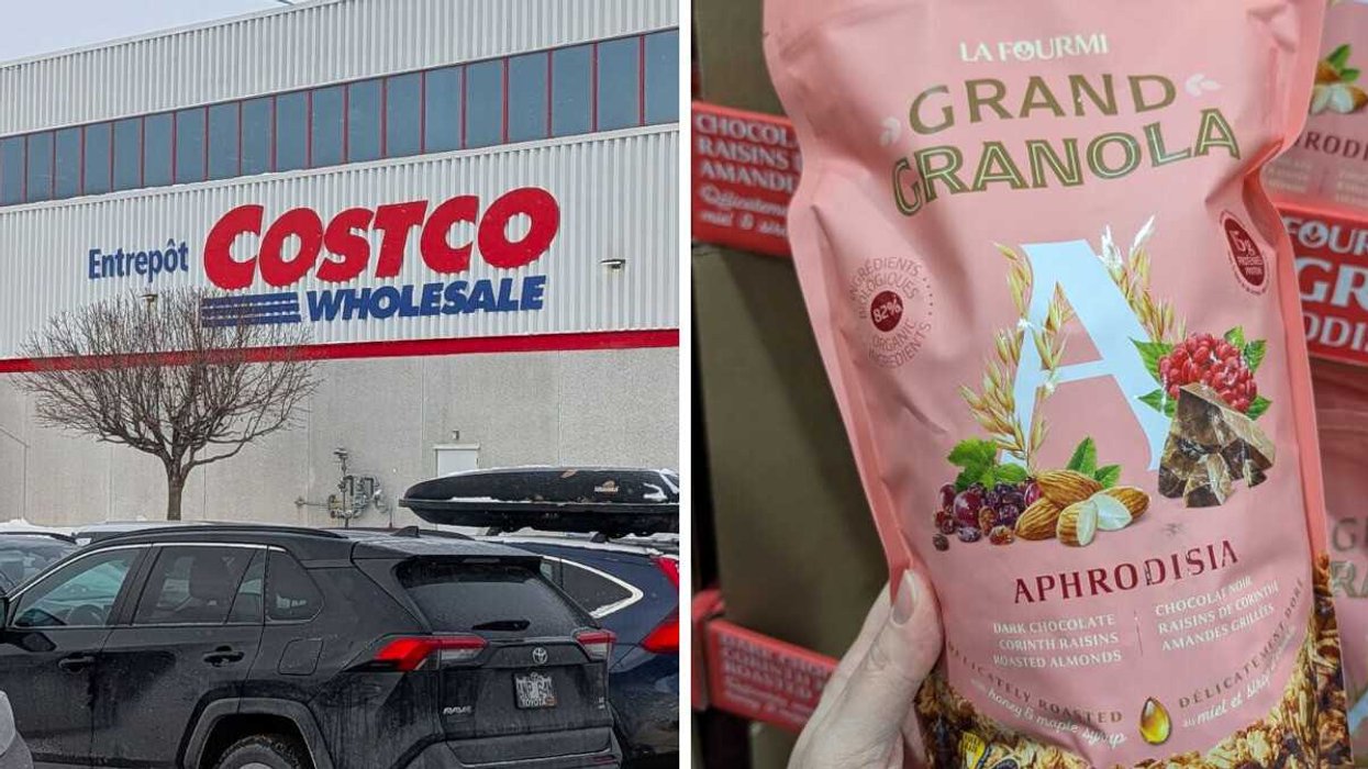 Façade d'une Costco. Droite : Sac de granola marque La Fourmi.