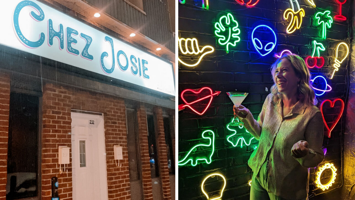 Façade de Chez Josie. Droite : Françoise devant le mur de néons.