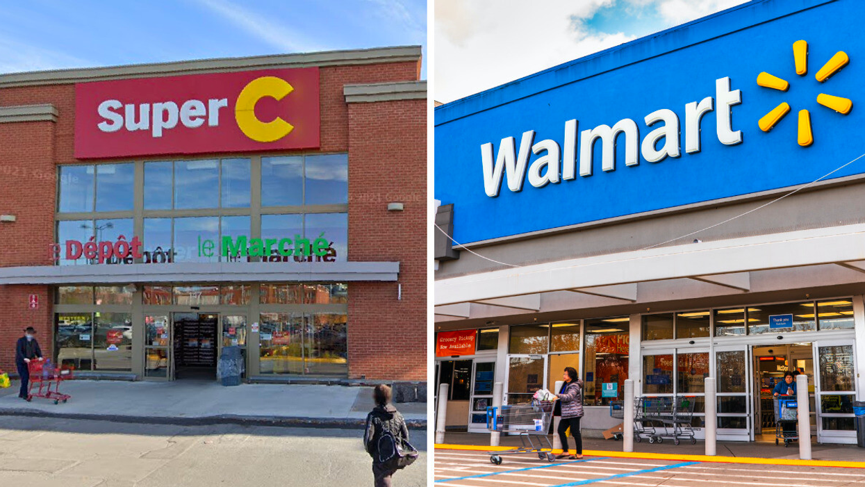 Façade de l'épicerie Super C. Droite : Façade du Walmart.