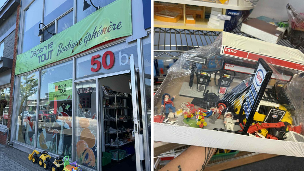 Façade de la boutique éphémère Dépanne TOUT. Droite : Station d'essence ESSO de Playmobil en vente à la boutique éphémère Dépanne TOUT.