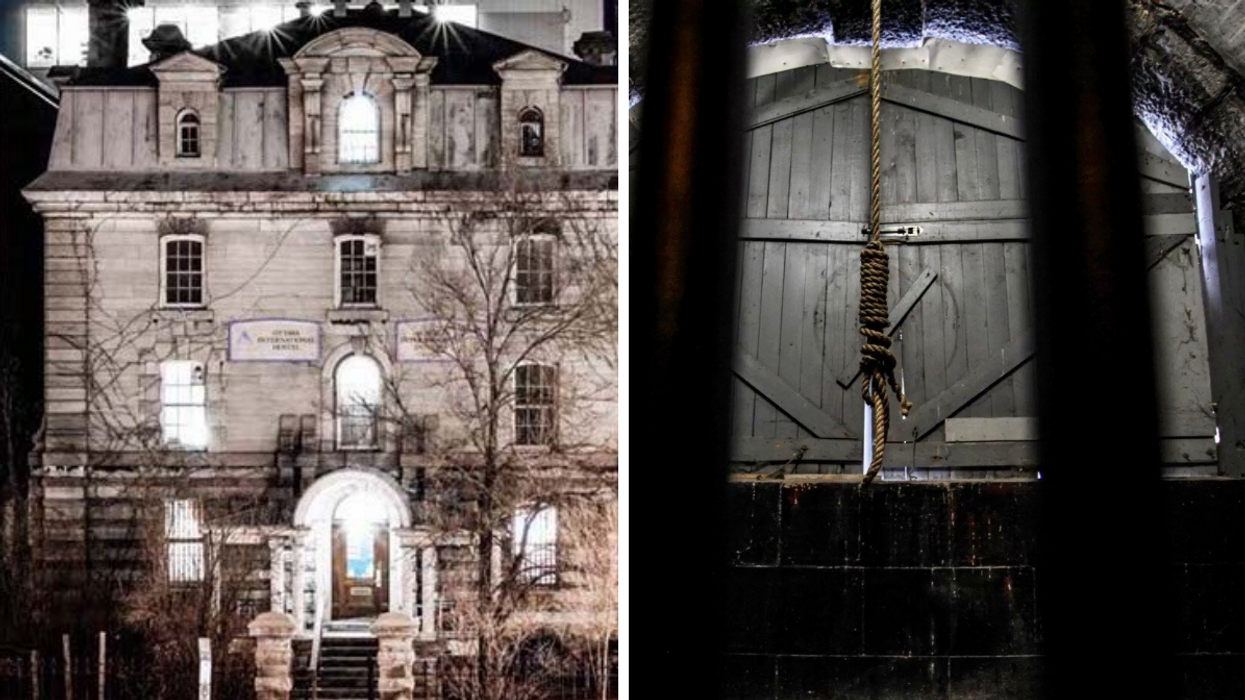 Façade de la prison d'Ottawa. Droite : Corde de potence.