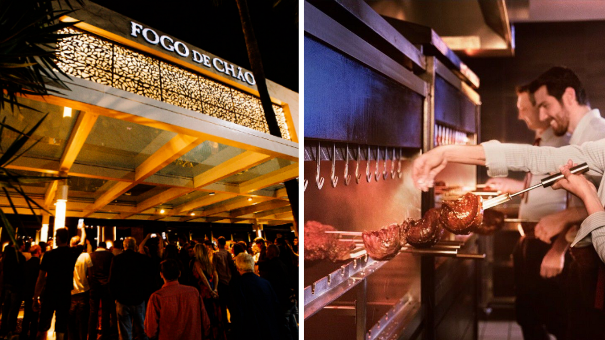 Façade du Fogo de Chao. Droite : Brochette de viande.