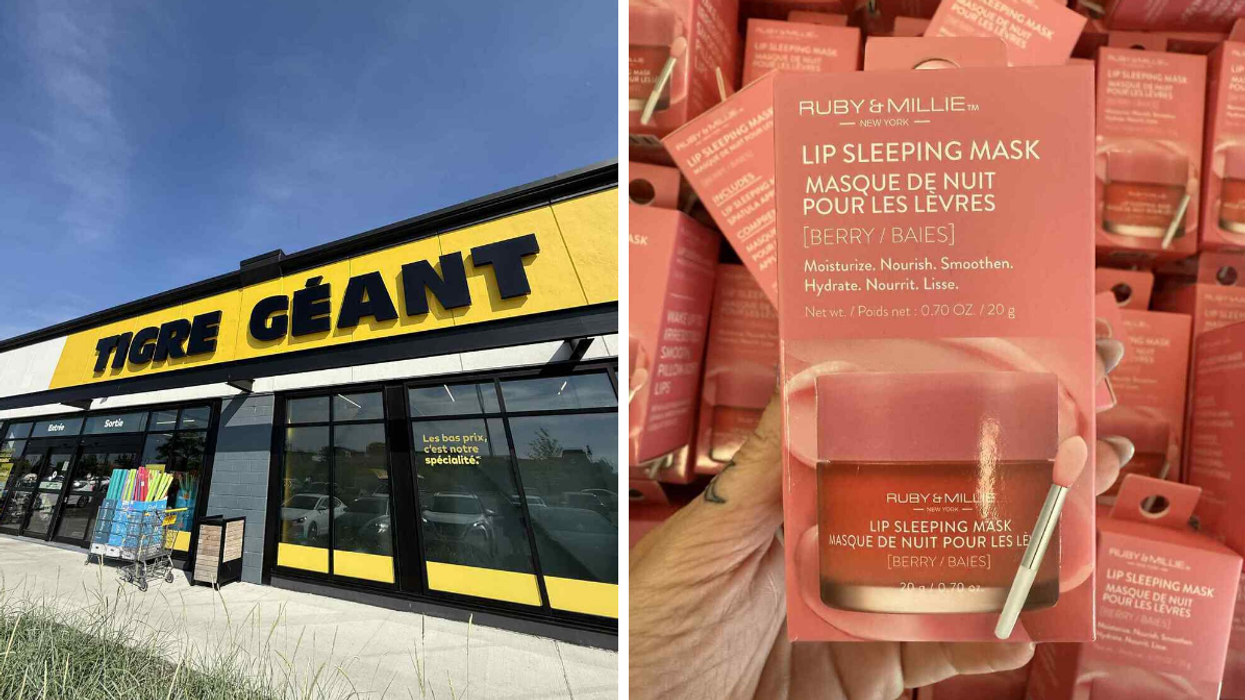 Façade du magasin Tigre Géant. Droite: Masque de nuit hydratant pour les lèvres de la marque Ruby & Millie.