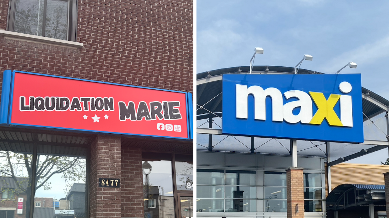 Façade du nouveau Liquidation Marie à Montréal. Droite : La façade d'un Maxi.