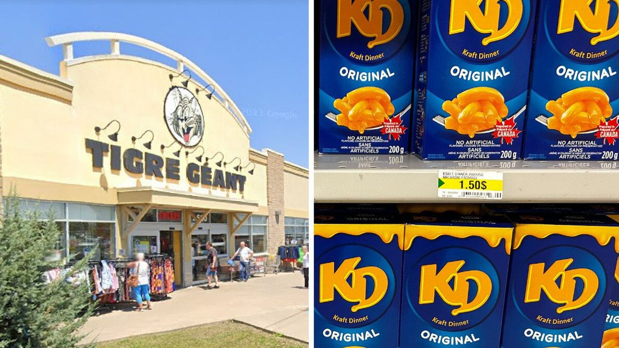 Façade du Tigre Géant de Sainte-Catherine. Droite : Boites de Kraft Dinner au Dollarama de Châteauguay.