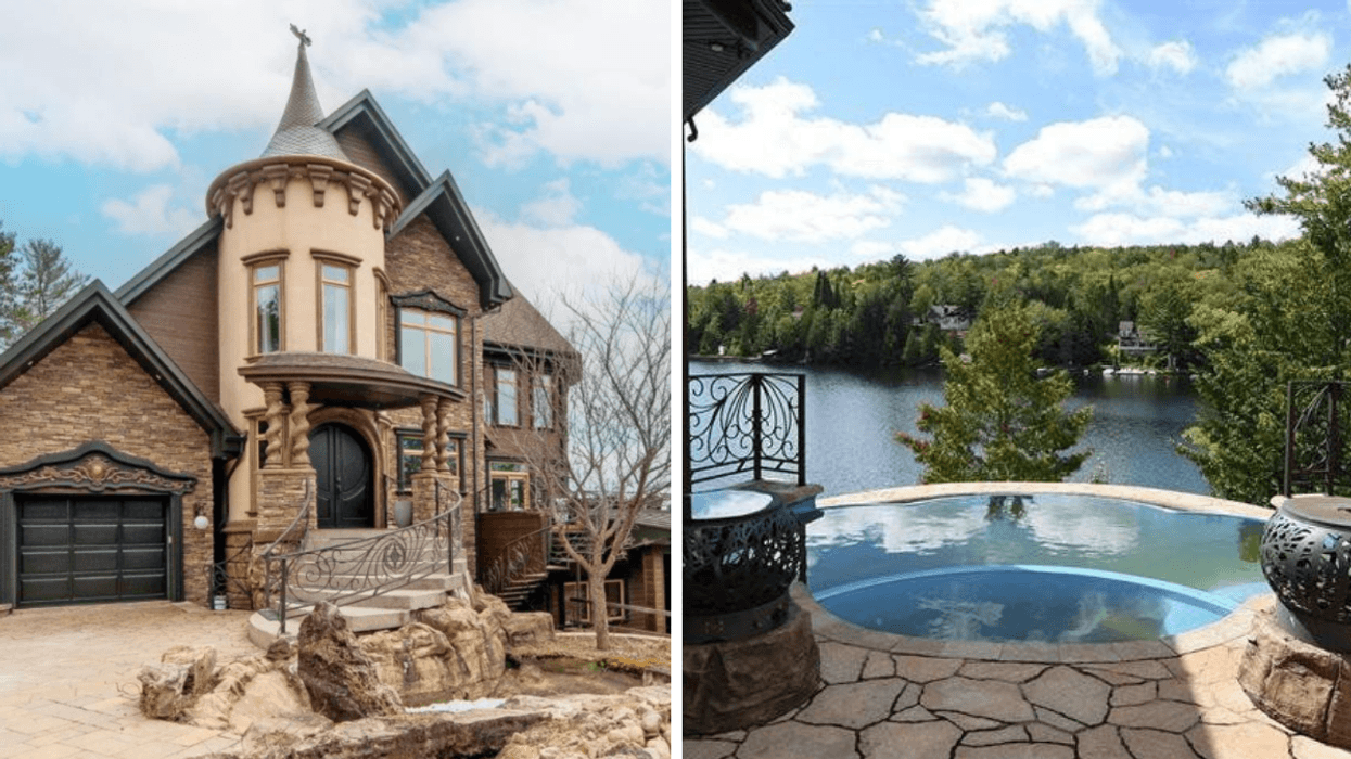 Façade d’une maison en pierre avec tourelle arrondie. Droite : Spa extérieur rond avec vue directe sur un lac entouré d’arbres.