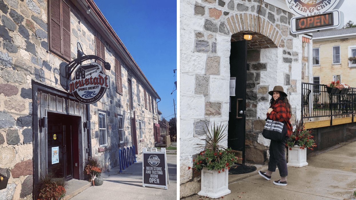 Façade en pierre de la Neustadt Springs Brewery. Droite : L'entrée voûtée du Noah's Fish and Chips à Neustadt, en Ontario.