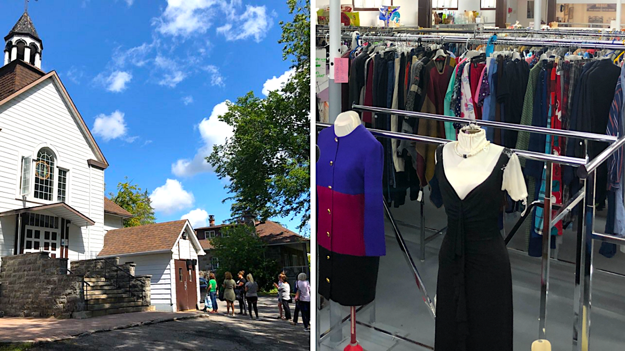 Façade la Friperie Rosemère. Droite : Sélection de vêtements pour toute la famille à la Friperie Bois-des-Filion.