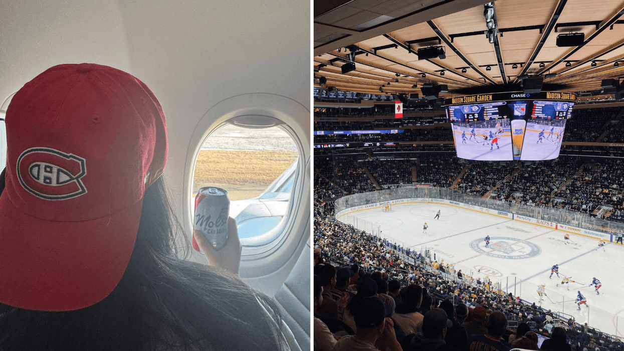 Fan des Canadiens de Montréal dans un avion tenant une bière Molson. Droite: Match des Canadiens de Montréal contre les Rangers de New York au Madison Square Garden.