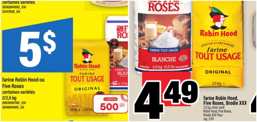 Farine Robin Hood et Five Roses en rabais au Maxi. Droite : Farine Robin Hood et Five Roses en rabais au Super C.