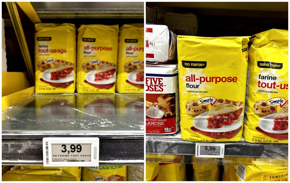 Farine tout-usage Sans nom en vente chez Maxi. Droite : Farine tout-usage Sans nom en vente chez Provigo.