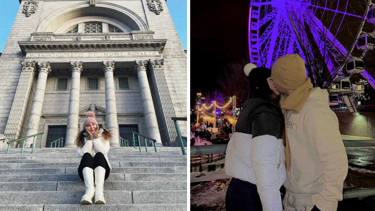 Femme à l'Oratoire Saint-Joseph. Droite: Couple devant la Grande Roue de Montréal.