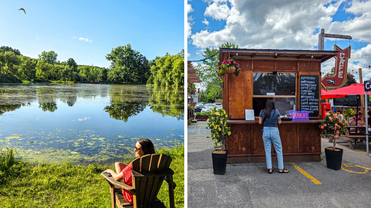 Femme assise près d'un lac entouré de verdure à Terrebonne. Droite: Personne commandant un café dans un kiosque extérieur à Terrebonne.