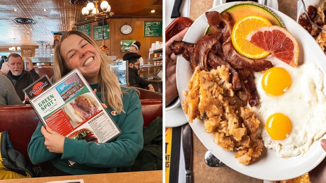 Femme au restaurant le Green Spot. Droite : Assiette de déjeuner.