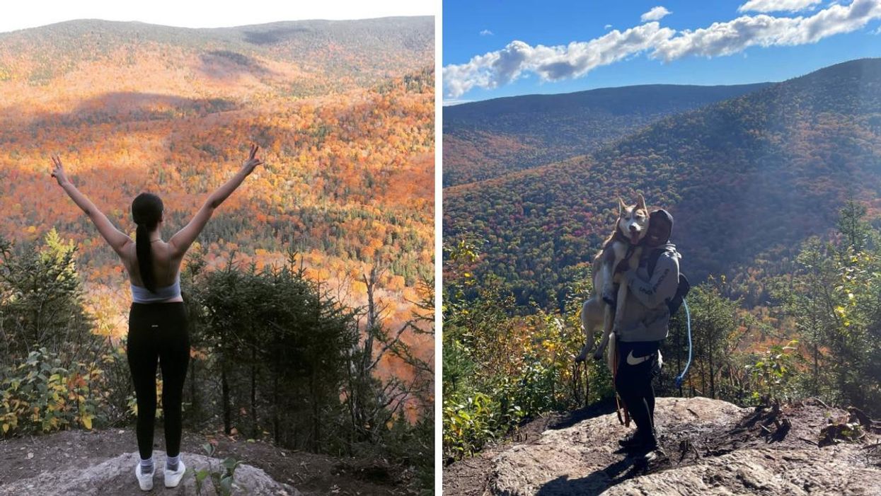 Femme au sommet du mont Chocolat au Québec. Droite : Homme et chien au mont Chocolat.