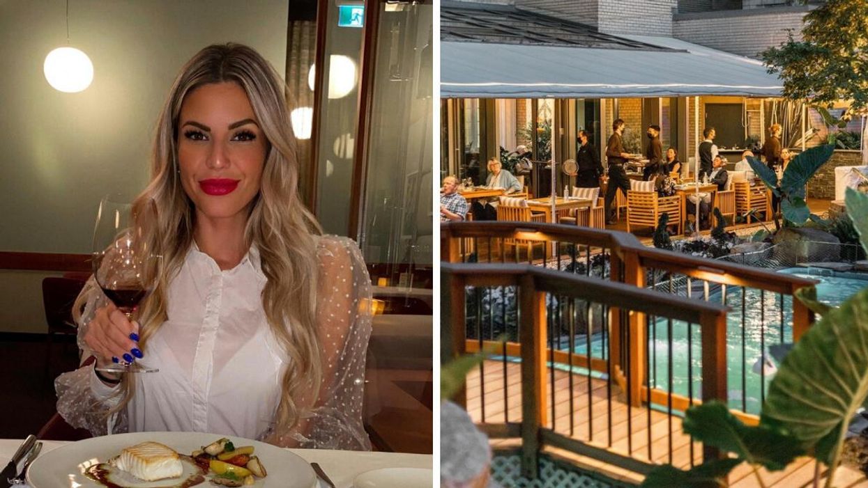 Femme au Toqué!. Droite : Vue sur la terrasse du restaurant Maison Boulud.