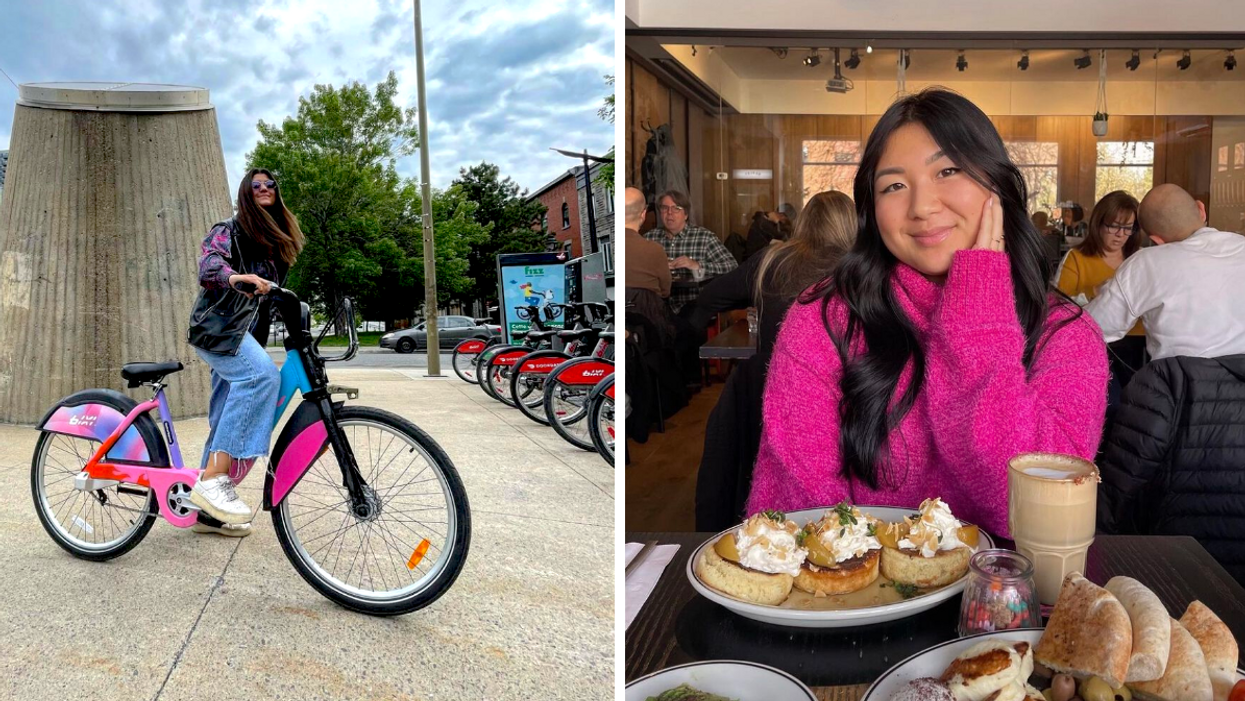 Femme avec bixi. Droite : Femme au brunch Barley.